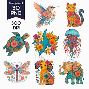 Pacchetto di 30 Clipart di acquerelli di alta qualità con motivi floreali boho: Tartaruga PNG a 300 DPI - Perfetto per POD e lavori di carta