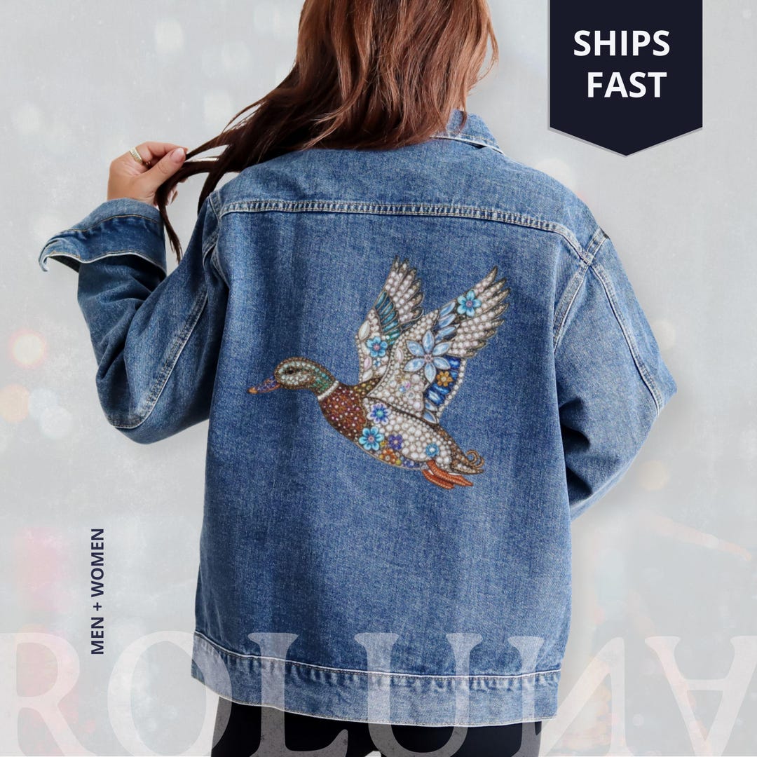 Oversized Denim Jacket, Vintage Jeans Rhinestone Mallard Duck, Y2K