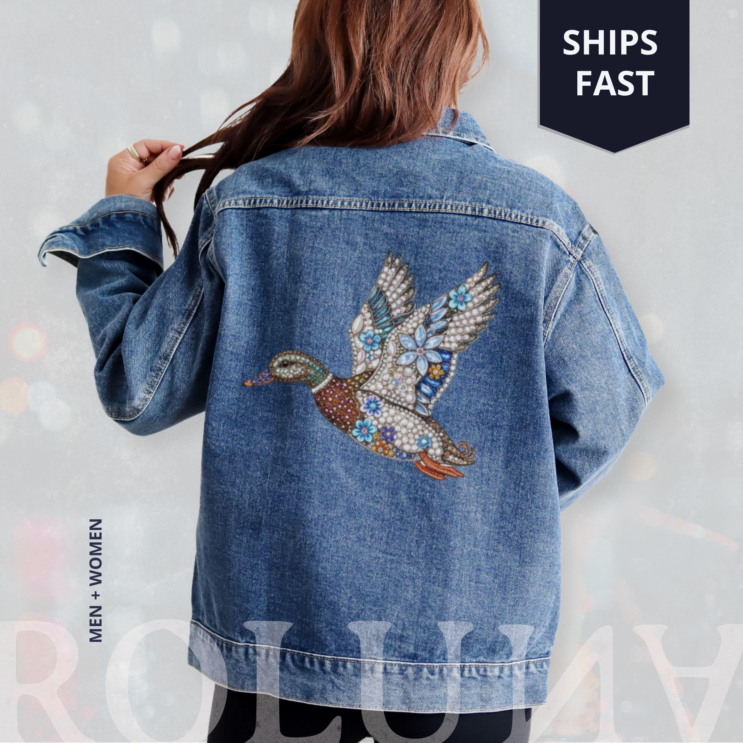 Oversized Denim Jacket, Vintage Jeans Rhinestone Mallard Duck, Y2K