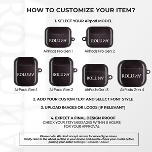 May include: A graphic showing how to customize an item. It features six black AirPods cases with the text "ROLUNV" and the model names. Instructions include selecting the model, adding custom text, uploading images, and expecting a design proof.