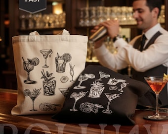 Retro Vintage Cocktail Canvas Tote Bag, Martini & Drinks Art, Happy Hour Reusable Bag