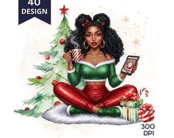 May include: Digital illustration of a woman in festive attire, seated with a Christmas tree. She wears a green off-the-shoulder top, red pants, and holds a mug and tablet. The image includes text that reads "Transparent 40 DESIGN" and "300 DPI".