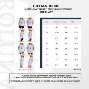 Puede incluir: Una tabla de tallas para una sudadera de cuello redondo unisex Gildan 18000. La tabla muestra las medidas en pulgadas para las tallas S a 5XL, incluyendo ancho, largo y largo de manga. La imagen tambi&eacute;n incluye un modelo vistiendo la sudadera.
