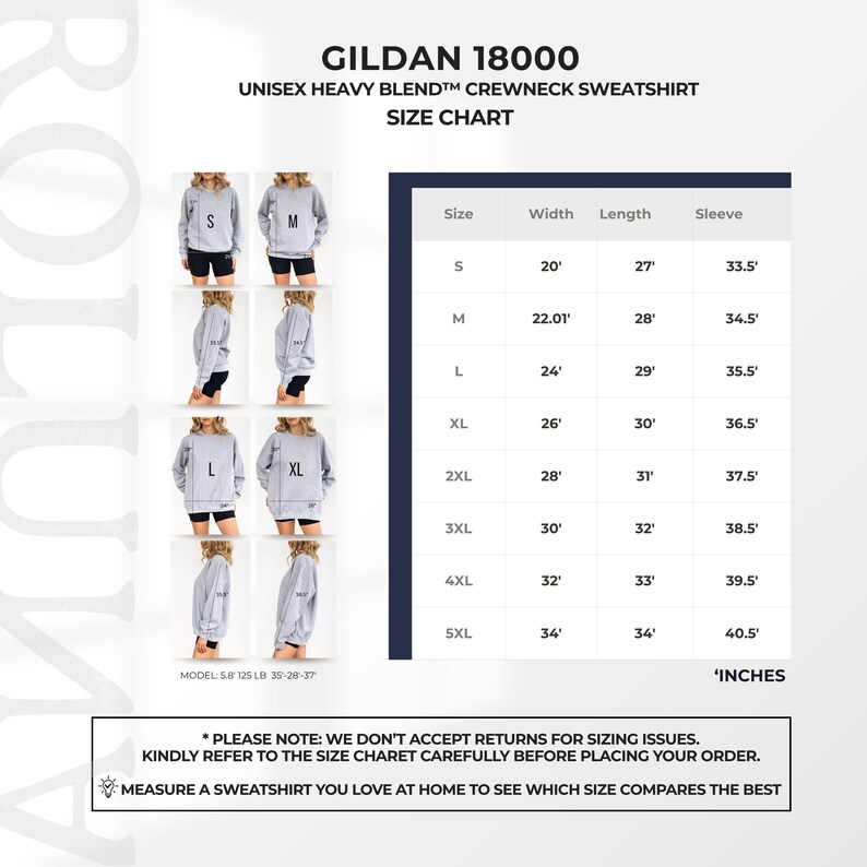 Puede incluir: Una tabla de tallas para una sudadera de cuello redondo unisex Gildan 18000. La tabla muestra las medidas en pulgadas para las tallas S a 5XL, incluyendo ancho, largo y largo de manga. La imagen tambi&eacute;n incluye un modelo vistiendo la sudadera.