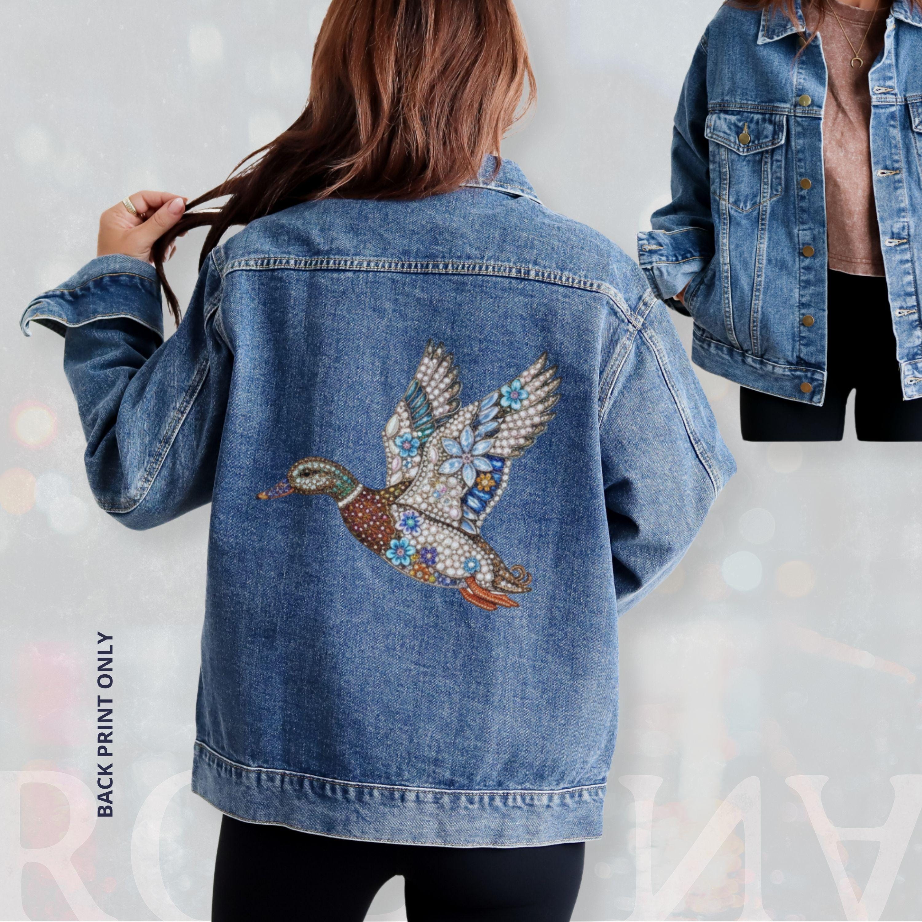Oversized Denim Jacket, Vintage Jeans Rhinestone Mallard Duck, Y2K