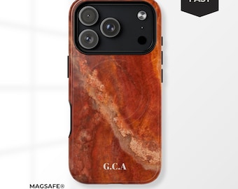 Funda para iPhone con iniciales personalizadas y diseño de mármol naranja, funda protectora magnética.