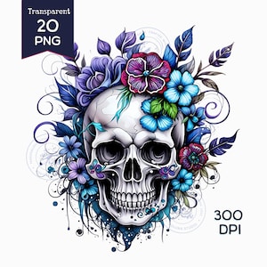 20 imágenes prediseñadas de calaveras florales de alta calidad: PNG de 300 DPI (descarga digital) - Ideal para tarjetas y manualidades de papel, paquete de imágenes prediseñadas, 5000 x 5000 px