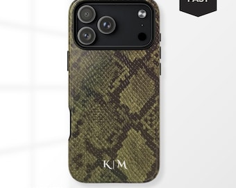 パーソナライズされたスネーク型スマホケース - MagSafe対応スネーク型iPhoneケース - カスタムイニシャルカバー - グリーンフェイクレザー