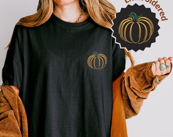 Embroidered Pumpkins Comfortable Comfort Colors Shirt: Fall Harvest Gift, Halloween Shirt