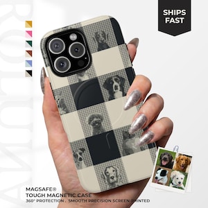 Pode incluir: Uma capa de telemóvel com um padrão de xadrez preto e bege e vários retratos de cães impressos nos quadrados. A capa inclui um anel magnético MagSafe circular na parte traseira e um recorte preto para a câmara. Texto: MAGSAFE TOUGH MAGNETIC CASE 360 PROTECTION SMOOTH PRECISION SCREEN-PRINTED.
