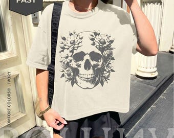 Camiseta Comfort Colors Vintage Floral Skull - Camiseta corta estilo cottagecore con estampado de esqueleto y corte holgado