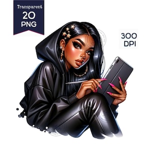 Puede incluir: Ilustración digital de una persona con cabello largo y negro, vestida con una sudadera con capucha negra y pantalones de cuero negros. La persona sostiene una tableta y un lápiz óptico, con esmalte de uñas rosa. La imagen incluye el texto "Transparent 20 PNG" y "300 DPI".