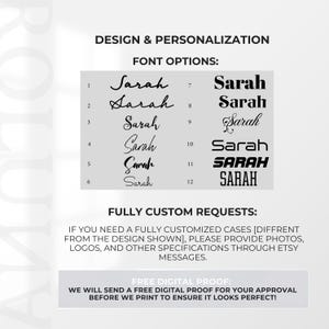 May include: Image showcasing design and personalization options, including various font styles for the name "Sarah." The image also includes information about custom requests and a free digital proof before printing.