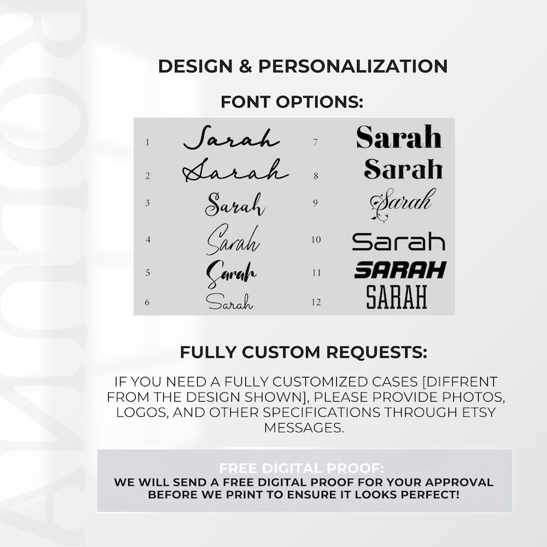 May include: Image showcasing design and personalization options, including various font styles for the name "Sarah." The image also includes information about custom requests and a free digital proof before printing.