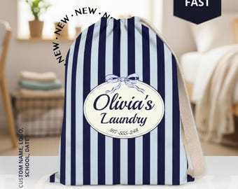 Striped Collapsible Laundry Bag, Personalized College Dorm Hamper, Camp / Blue Vintage Stripes & Bow