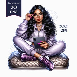 Pacotes de 20 clipart de garotas negras e afro de alta qualidade: PNGs de 300 DPI - Gráficos de garotas da moda, garotas chibi - Perfeitos para cartões e artesanato em papel