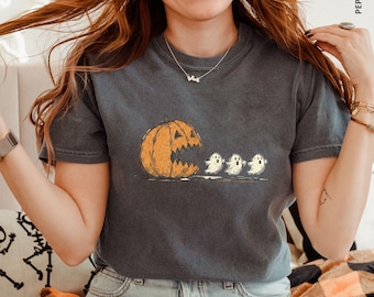 Camiseta divertida de Halloween de Comfort Colors: Camiseta de calabaza Pac-Man y fantasma