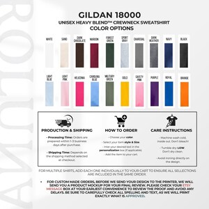 Puede incluir: Imagen de una sudadera unisex Gildan 18000 con cuello redondo y mezcla pesada. Opciones de color incluyen blanco, negro y azul marino. La imagen incluye instrucciones de cuidado y detalles de pedido.