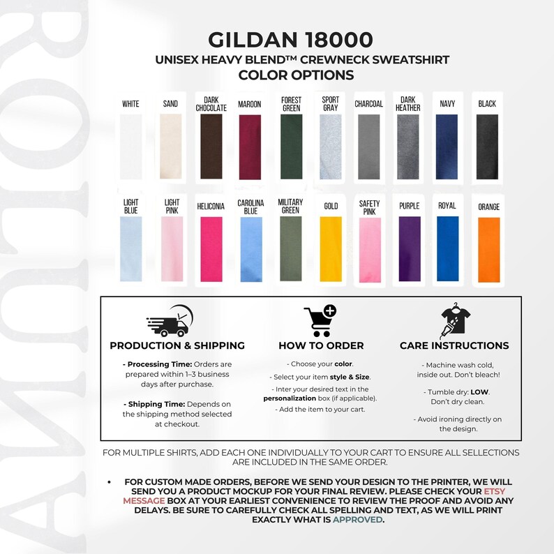Puede incluir: Imagen de una sudadera unisex Gildan 18000 con cuello redondo y mezcla pesada. Opciones de color incluyen blanco, negro y azul marino. La imagen incluye instrucciones de cuidado y detalles de pedido.