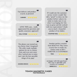 May include: Image features customer testimonials for tough magnetic phone cases. Quotes highlight fast delivery, product accuracy, quality, and customer service. The cases are described as adorable and exactly as expected. The text "TOUGH MAGNETIC CASES TESTIMONIALS" is also present.