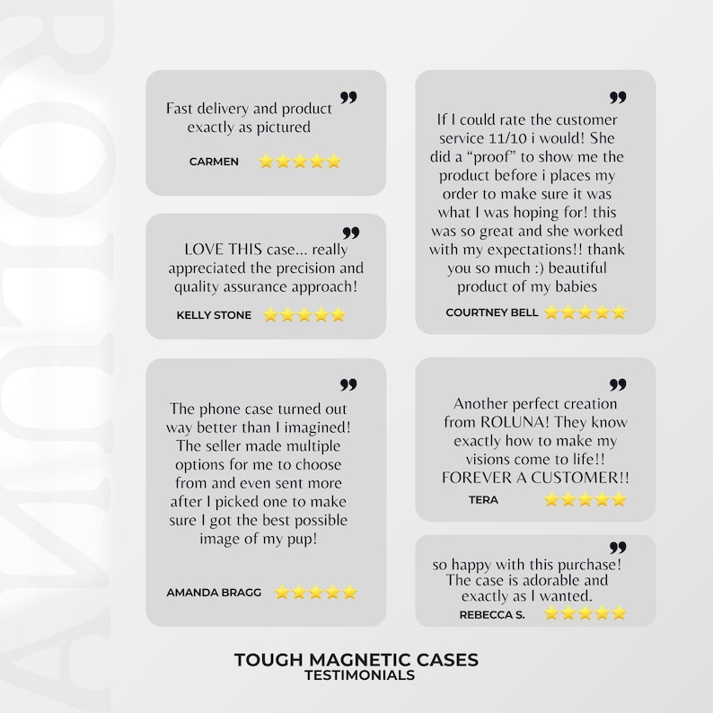 May include: Image features customer testimonials for tough magnetic phone cases. Quotes highlight fast delivery, product accuracy, quality, and customer service. The cases are described as adorable and exactly as expected. The text "TOUGH MAGNETIC CASES TESTIMONIALS" is also present.