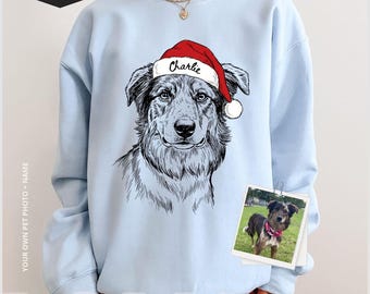 Custom Pet Sweatshirt with Santa Hat - Personalized Dog Portrait - Custom Sketch from Pet Photo Christmas Gift