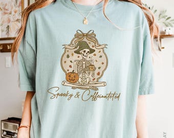Vintage Halloween Comfort Colors T-Shirt: Spooky Skeleton & Coffee