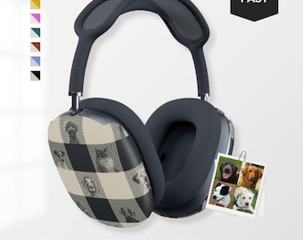 May include: Dark gray headphones with a dog-themed design on the earcups. The earcups feature a black and white checkered pattern with various dog portraits. The text "PERSONALIZED PROTECTION IN STYLE" is visible.