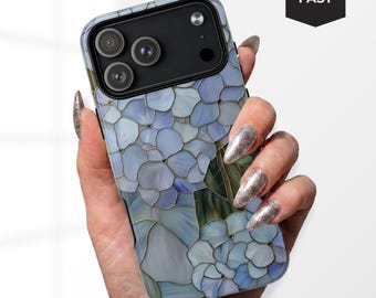 Stained Glass Flowers Phone Case MagSafe, Floral iPhone 17 16 15 14 Pro Max Tough Case, Blue Hydrangea Protective Aesthetic Gift For Her