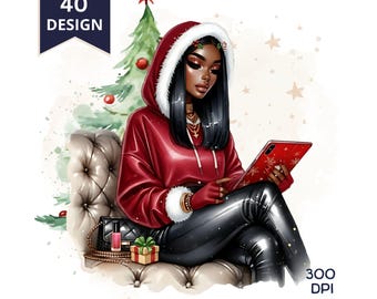 Könnte beinhalten: Digitale Illustration einer Person in einem roten Kapuzenpullover mit weißem Besatz, schwarzer Hose und einem roten Tablet. Ein Weihnachtsbaum und Geschenke befinden sich im Hintergrund. Das Bild hat den Text "Transparent 40 DESIGN" und "300 DPI".