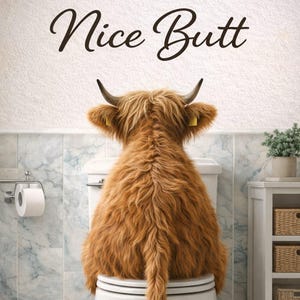Könnte beinhalten: Ein Wandaufkleber mit dem Text Nice Butt in dunkelbrauner Schreibschrift über einem braunen Hochlandrind, das auf einer weißen Toilette sitzt. Das Rind ist von hinten zu sehen und zeigt sein langes, zotteliges Fell, Hörner und Ohren.