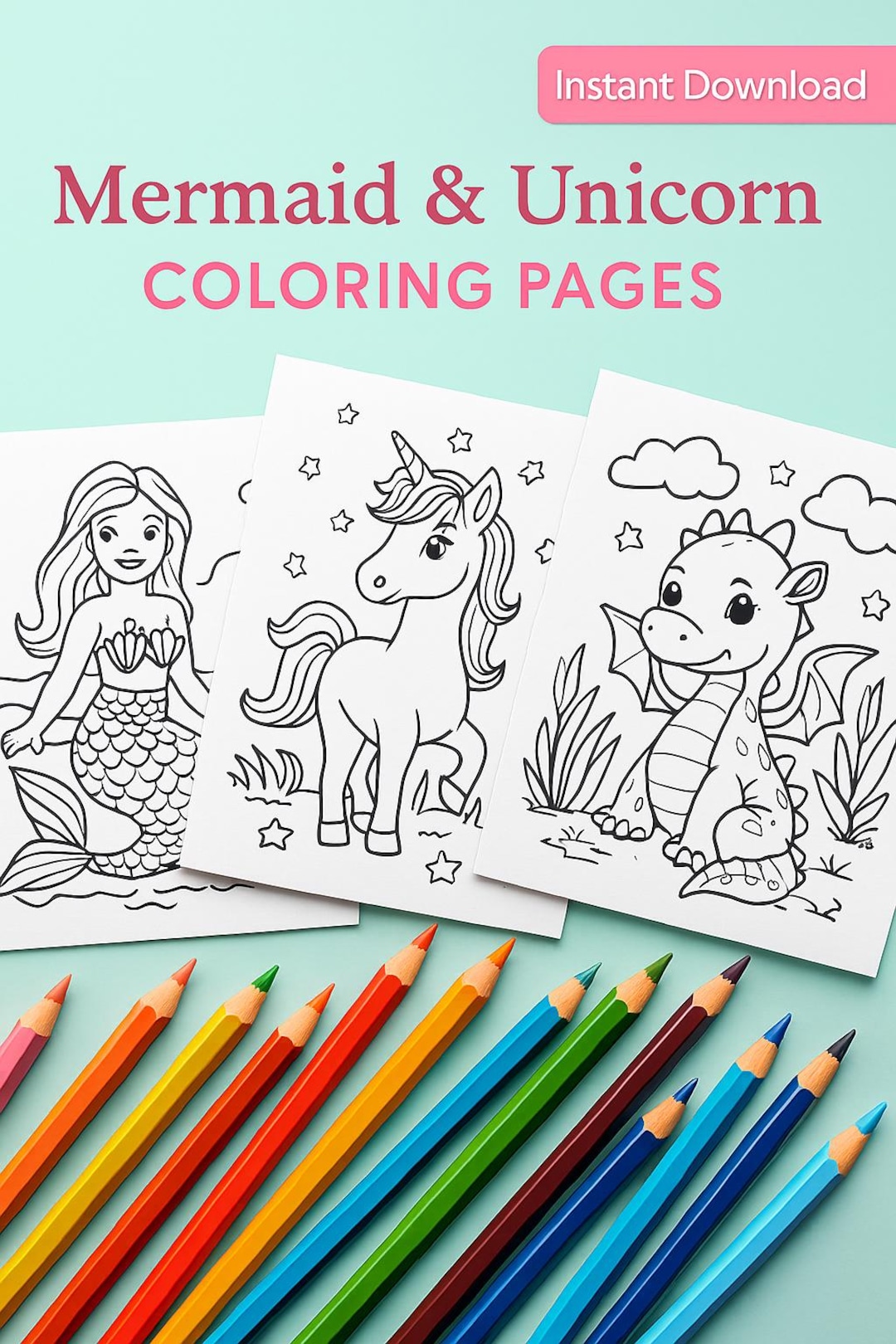 Mermaid and Unicorn Coloring Pages Printable Fantasy Art Kids Activity ...