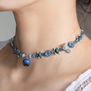 Handmade Blueberry Beaded Choker: Czech Glass Flower Necklace