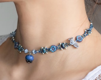 Fairycore Blueberry Choker Necklace – Handmade Beaded Glass Flower Jewelry – Cottagecore Whimsical Blue Fruit Charm Choker, Gift for Her