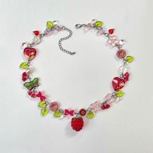 Lampwork Raspberry Charm Necklace: Czech Glass Beads, Fairycore Jewelry