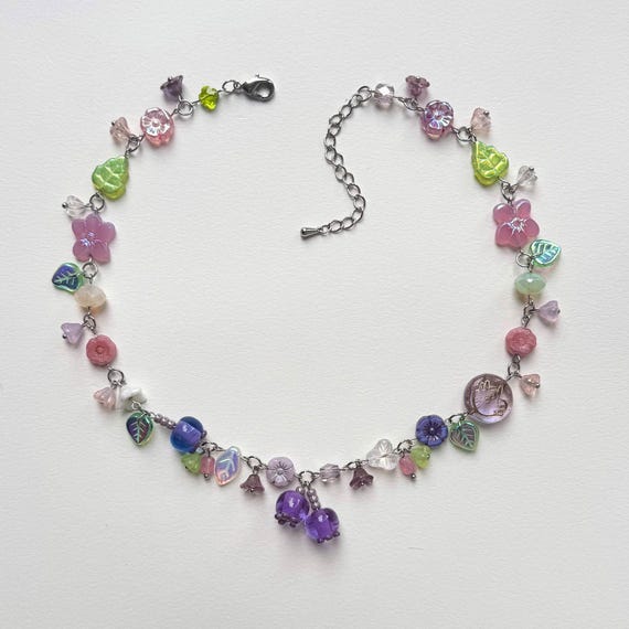 Pastel Fairycore Cottagecore Necklace – Handmade Beaded Glass Flower Jewelry – Whimsical Purple Berry Garden Necklace, Cute Gift for Her