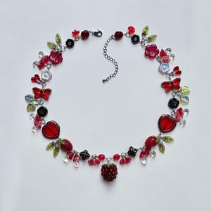 Handmade Raspberry Strawberry Necklace: Lampwork Czech Glass Cottagecore