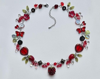 Romantic Fairycore Red Berry Necklace – Handmade Glass Bead Charm Jewelry – Gothic Cottagecore Strawberry Blackberry Necklace, Gift for Her