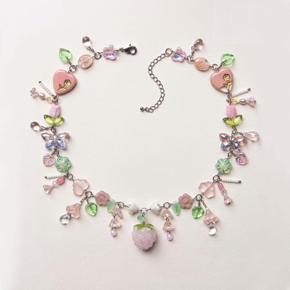 Pastel Fairycore Cottagecore Necklace – Handmade Pink Glass Bead Butterfly Jewelry – Whimsical Raspberry Fruit Charm Necklace, Gift for Her