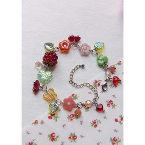 Handmade Red Raspberry Fruit Charm Bracelet, Glass Lampwork Beaded Bracelet, Cottagecore Fairycore Whimsical Nature Jewelry, Gift for Her