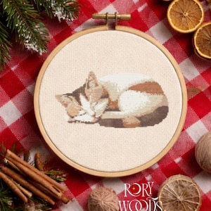 Puede incluir: Un bordado de punto de cruz de un gato durmiendo en un aro de madera. El gato está representado en tonos marrones, blancos y beige. El fondo es un patrón de cuadros rojos y blancos. El texto "RORY WOODS" es visible.