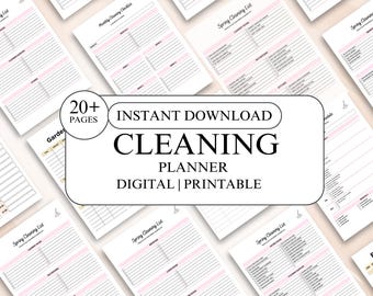 May include: A printable cleaning planner with 20+ pages. The planner includes checklists for spring cleaning, monthly cleaning, and gardening. The text "INSTANT DOWNLOAD CLEANING PLANNER DIGITAL | PRINTABLE" is displayed in the center of the image.