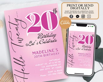 Editable 20th Birthday Invitation 21st Birthday Invite Template Twenty Year Old Birthday Party  Invite Girl Editable Blush Pink invitation