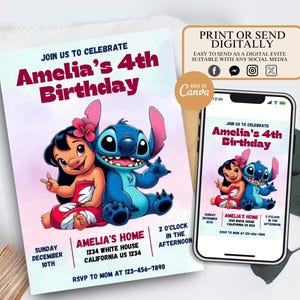 Convite de aniversário editável Stitch Convites para festa de aniversário infantil para impressão Stitch e convite de aniversário de anjo Aniversário do pequeno