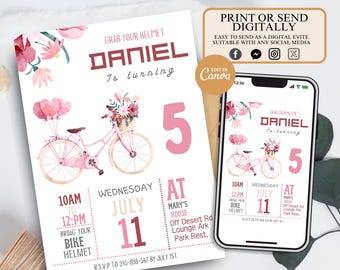 Editable Dirt Bike Birthday Invitation Party Boys Birthday bike party racing invite, floral theme Bicycle Birthday Invitation Bike Bday