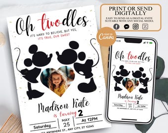TWOdles Minnie Mouse Birthday Invitation Two Year Old, 2nd Birthday Girl Invite, Twoodles Groovy Minnie invite Girl Birthday Invite