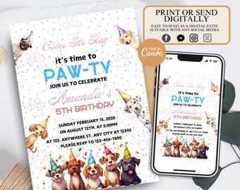 Editable Dog Birthday Invitation Puppy Birthday Invitation Dog Invitation Puppy Invitation Dog Birthday Pawty Invite Let’s Pawty Invite