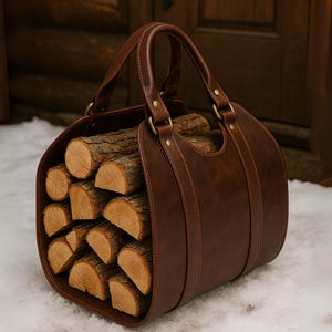 May include: A brown leather log carrier filled with cut firewood. The carrier has a rounded shape with a handle and is sitting on a snowy surface. The carrier is made of brown leather with brass-colored hardware.