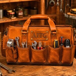 Full Grain Leather Tool Bag, Custom Tradesman Tote for Carpenter & Electrician