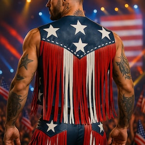 American Flag Leather Fringe Vest: Unisex Cowboy Festival Wear